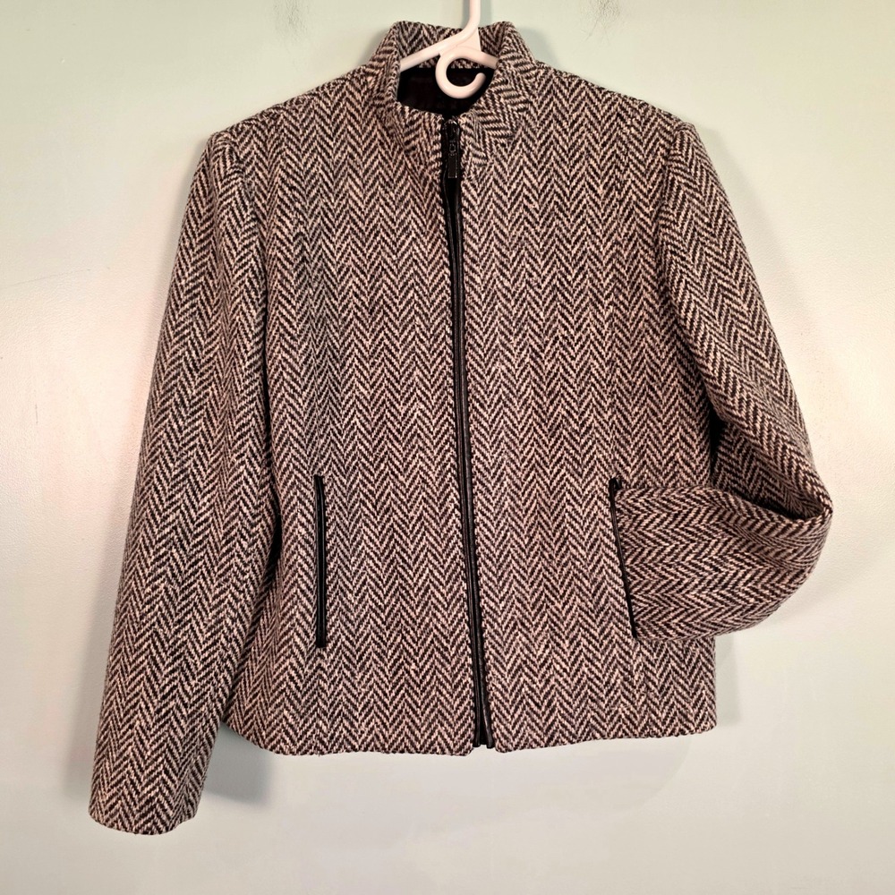 Siena Studio Womens Wool Herringbone Zip Up Jacket Leather Trim Black White